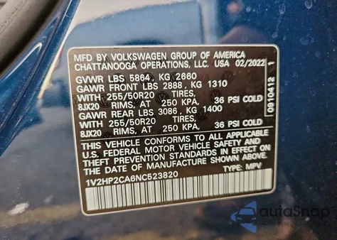 2022 Volkswagen Atlas Se from USA, damaged, VIN 1V2HP2CA6NC523820